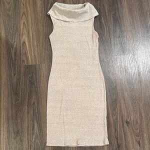 Monteau White and Tan Sheath Midi Dress with Cowl Neck
